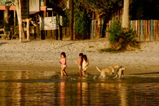 Kinder und Hunde spielen am Strand in Port Barton